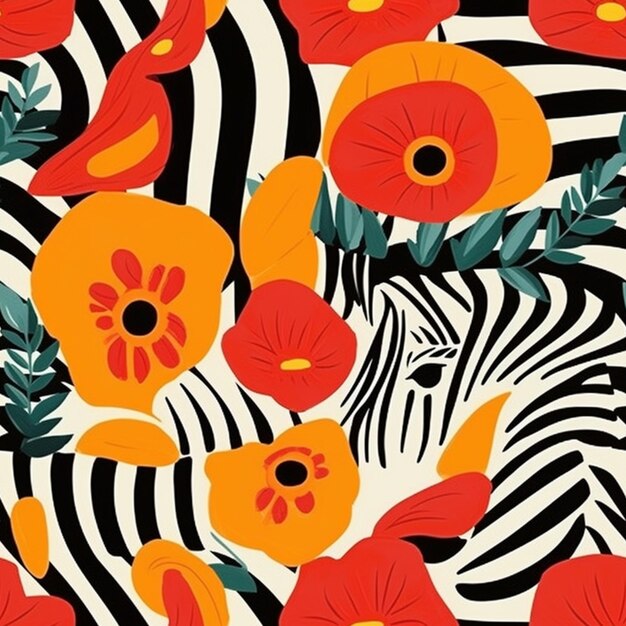 Een kleurrijk patroon met bloemen en zebra's.