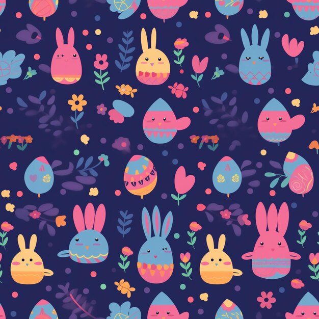 Een kleurrijk patroon met konijntjes en bloemen.