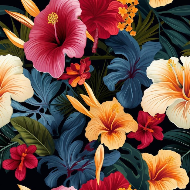 Een kleurrijk patroon van bloemen en bladeren met hibiscusbloemen.