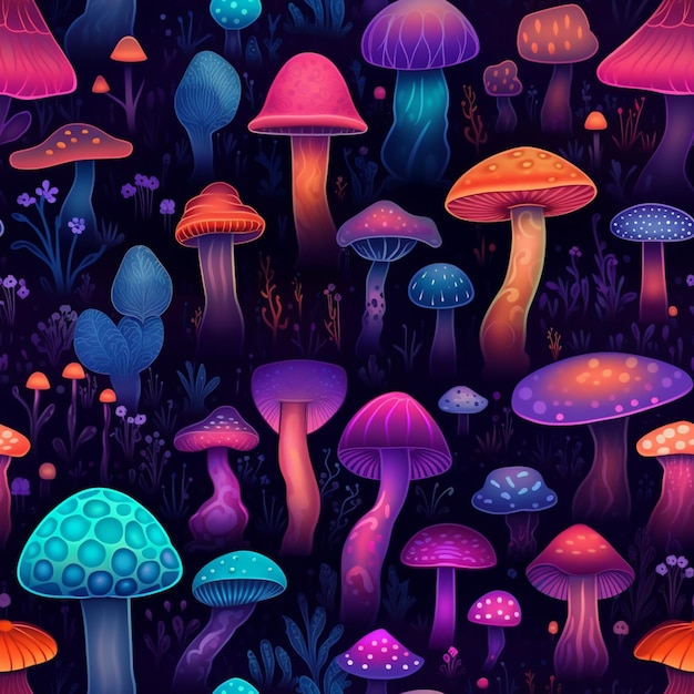 Een kleurrijk patroon van paddenstoelen met de woorden 'mushrooms' op de bodem.