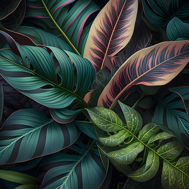 Een kleurrijk patroon van tropische bladeren met het woord jungle erop.