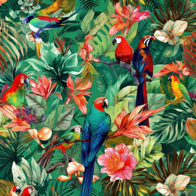 Een kleurrijk patroon van tropische vogels en bloemen.