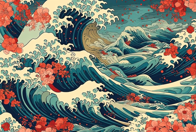 een kleurrijk patroon wordt afgebeeld met golven en kliffen op de oceaan in de stijl van groenblauw en rood