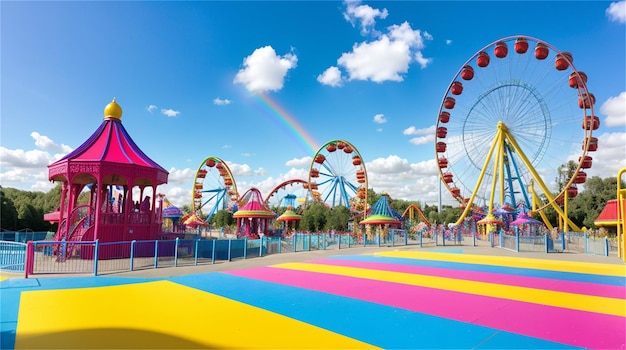 Foto een kleurrijk pretpark met een regenboog aan de hemel