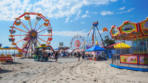 Een kleurrijk pretpark op het strand met een reuzenwiel en andere attracties Er lopen mensen rond en genieten van de sfeer