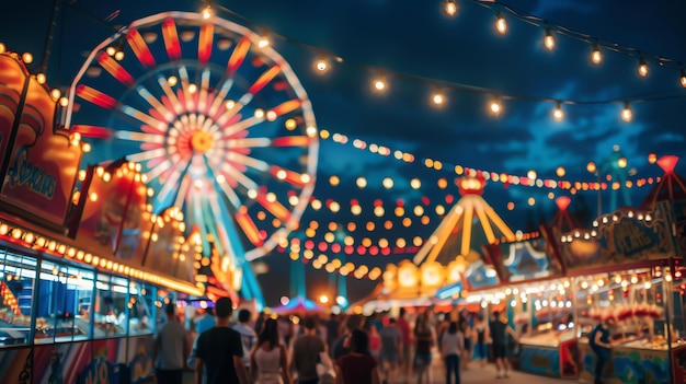 Foto een kleurrijk reuzenwiel op een kermis's nachts het reuzenrad is verlicht met felle lichten en er zijn mensen die rondlopen en van de kermis genieten