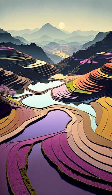 Een kleurrijk rijstveld met een paarse en groene achtergrond.