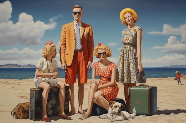 Een kleurrijk schilderij met een scène van drie individuen en hun harige metgezel op een pittoresk strand Portret van familie op het strand AI gegenereerd