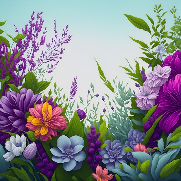 Een kleurrijk schilderij van bloemen en planten met een blauwe lucht op de achtergrond.