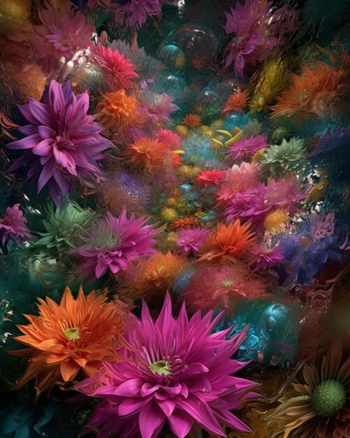 Een kleurrijk schilderij van bloemen met het woord "erop"