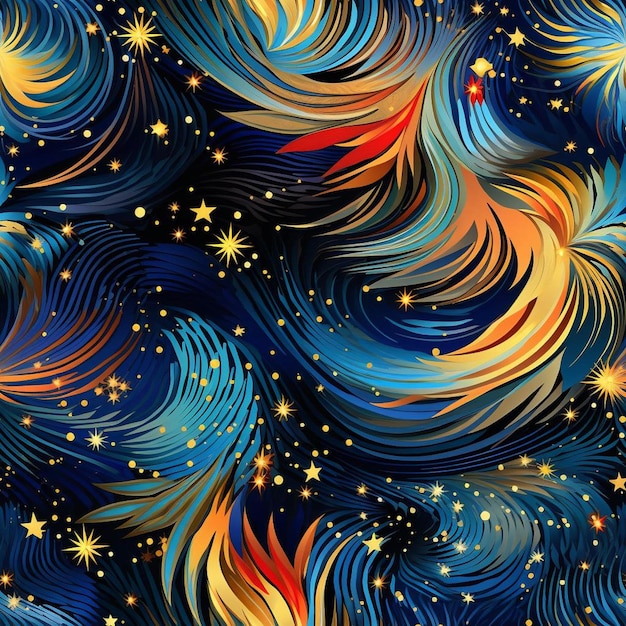 Een kleurrijk schilderij van de nachtelijke hemel met de sterren en de sterren.