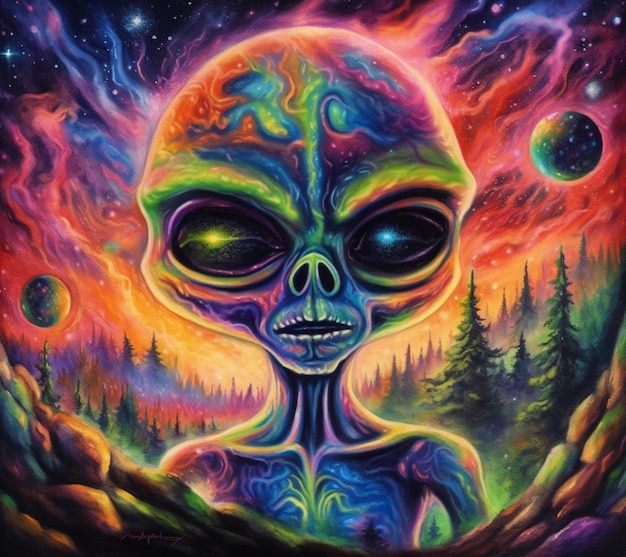 Een kleurrijk schilderij van een alien met een regenboogkleurig hoofd.