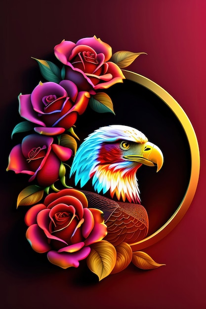 Een kleurrijk schilderij van een Amerikaanse zeearend met rozen