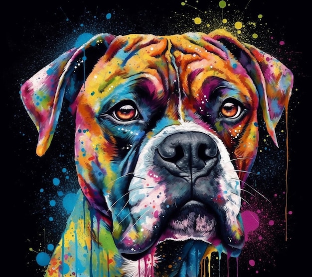 Een kleurrijk schilderij van een boxerhond met een zwarte achtergrond.