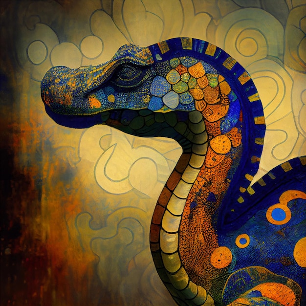 Een kleurrijk schilderij van een draak met een blauw en oranje patroon.
