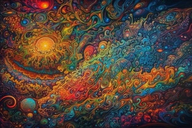 Foto een kleurrijk schilderij van een hagedis met de zon op de achtergrond.