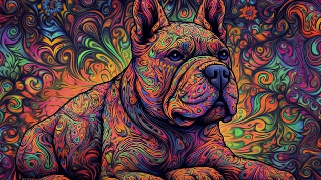 Een kleurrijk schilderij van een hond met de titel french bulldog.