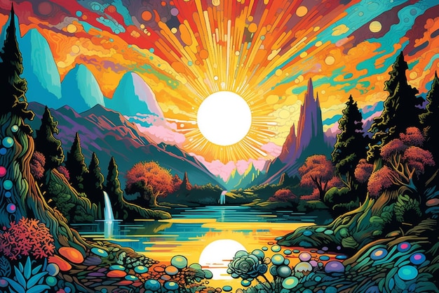 Een kleurrijk schilderij van een meer met een ondergaande zon erboven.