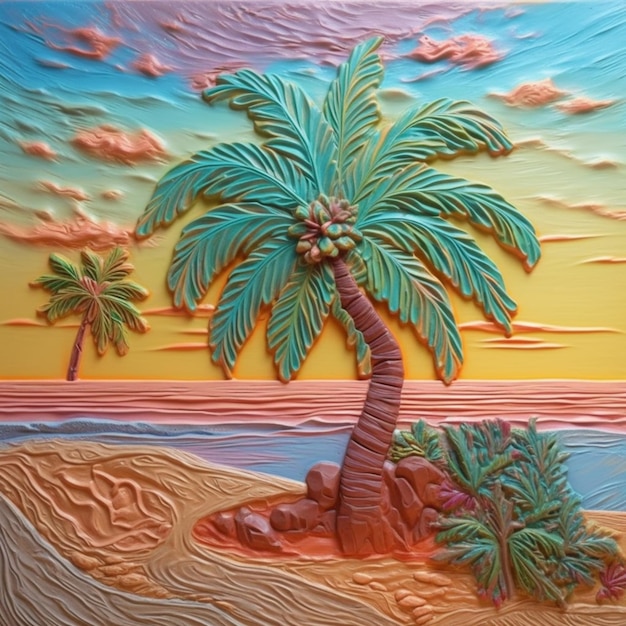 Een kleurrijk schilderij van een palmboom op een strand met de lucht op de achtergrond.