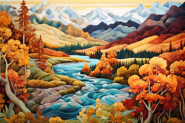 Een kleurrijk schilderij van een rivier met bergen op de achtergrond.