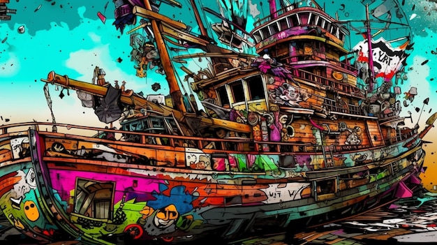 Een kleurrijk schilderij van een schip met graffiti erop