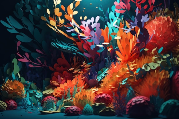 Een kleurrijk schilderij van een vis en koralen