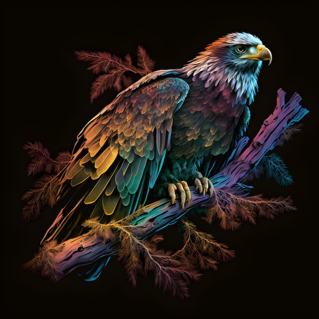 Een kleurrijk schilderij van een vogel met een zwarte achtergrond.