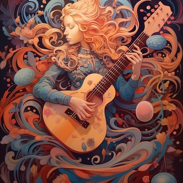 Een kleurrijk schilderij van een vrouw die gitaar speelt.