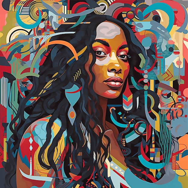 Een kleurrijk schilderij van een vrouw met lang haar en een zwart gezicht.