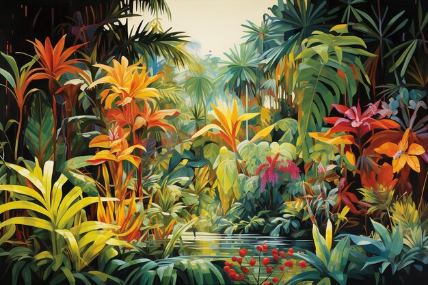 Een kleurrijk schilderij van tropische planten en het woord jungle