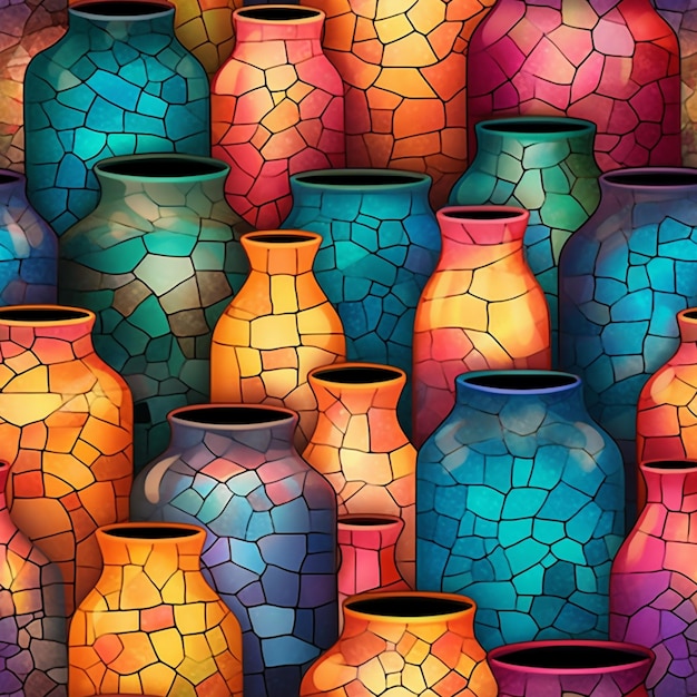 Een kleurrijk schilderij van vazen met verschillende kleuren en vormen.