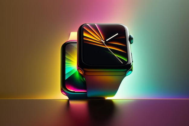 Foto een kleurrijk smartwatch met een zwarte band en een regenboogkleurige band.