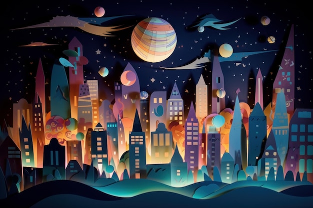 Een kleurrijk stadsbeeld met een grote bal in de lucht.