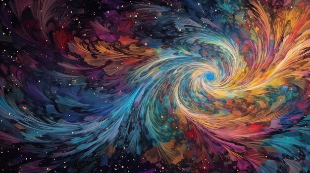 Een kleurrijk sterrenstelsel met een spiraalvormig ontwerp in het midden.