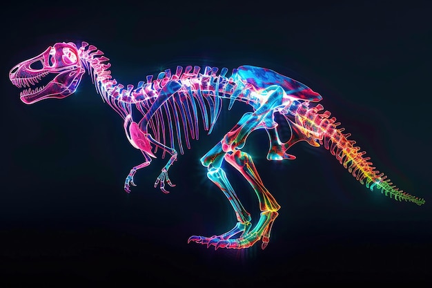 Een kleurrijk stralend röntgenbeeld van een Tyrannosaurus Rex skelet