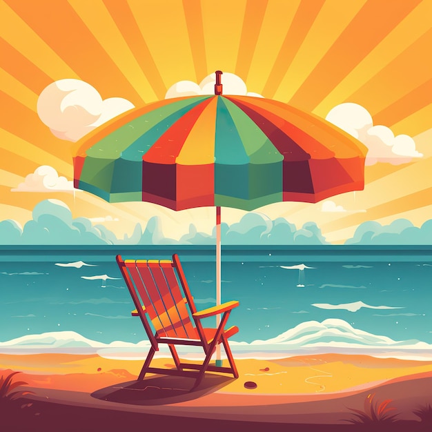 Een kleurrijk strandtafereel met een stoel en een parasol op het strand.