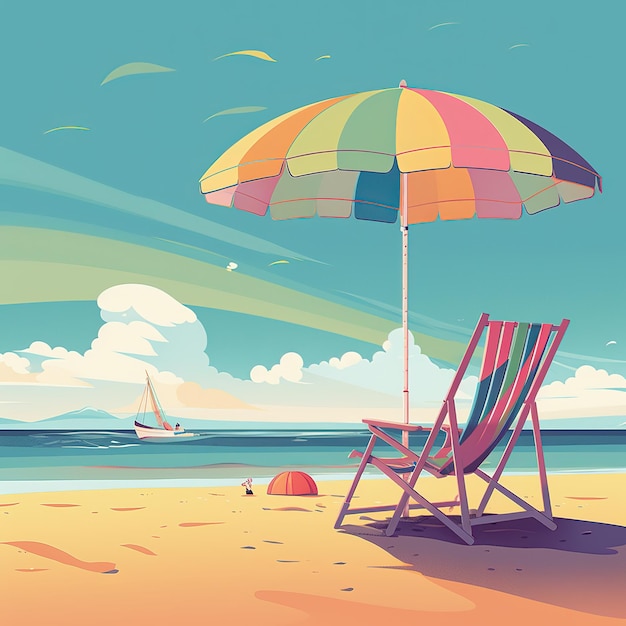 Een kleurrijk strandtafereel met een strandstoel en een parasol.