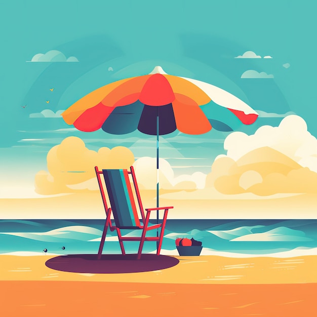 Een kleurrijk strandtafereel met een strandstoel en een parasol.