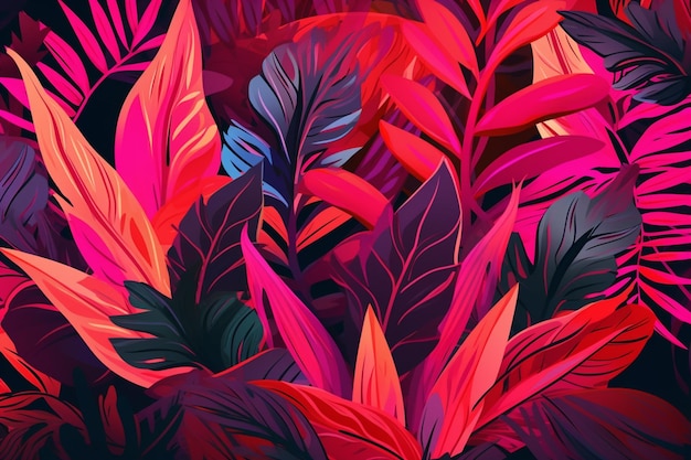 Een kleurrijk tropisch patroon met bladeren en de woorden "jungle" op de bodem.