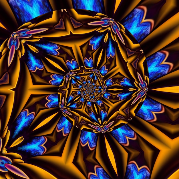 Een kleurrijk uitziend patroon met een blauwe bloem in het midden.