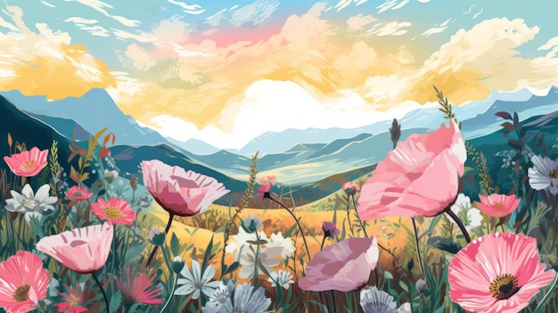 Een kleurrijk veld met wilde bloemen met majestueuze bergen in de verte Generatieve ai