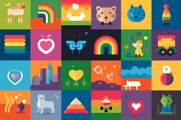 Een kleurrijk vierkant met verschillend gekleurde vierkanten en een kat en een regenboog.