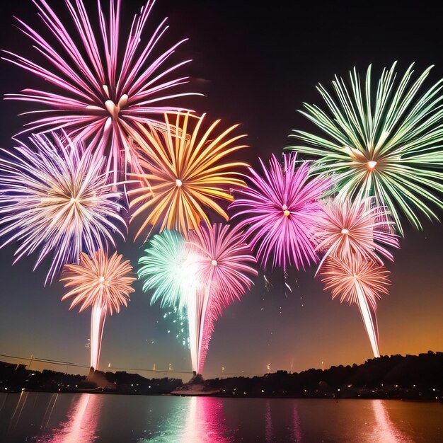 Een kleurrijk vuurwerk wordt verlicht in de nachtelijke hemel.