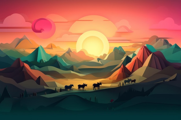 Een kleurrijk woestijnlandschap met bergen en een zonsondergang.