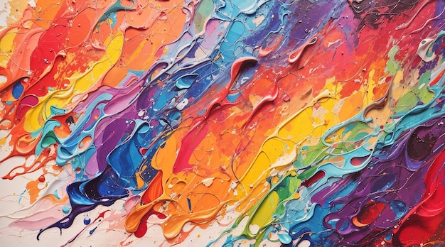 Een kleurrijke abstracte schilderij met een regenboog op de achtergrond