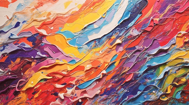 Een kleurrijke abstracte schilderij met een regenboog op de achtergrond