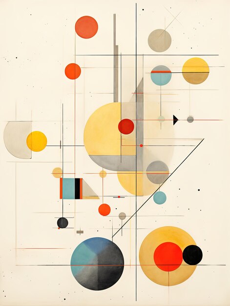 Een kleurrijke abstracte schilderij van cirkels en een pijl