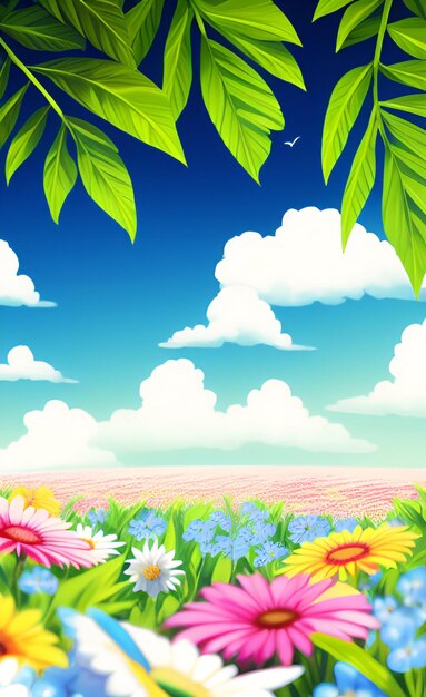 Foto een kleurrijke achtergrond met bloemen en een blauwe hemel met wolken.