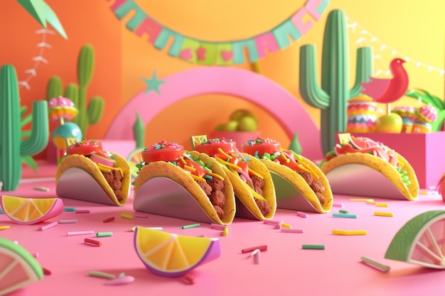 Een kleurrijke achtergrond met een spandoek en een tafel met vier taco's en een ananas