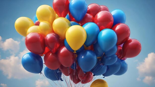 Een kleurrijke achtergrond met een stel ballonnen in blauw rood en geel.